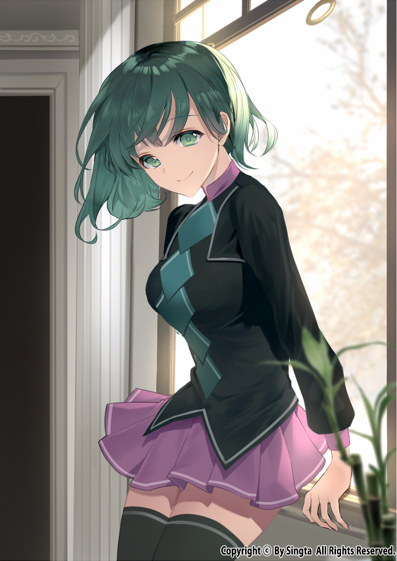 1girl argyle argyle_shirt bamboo black_jacket black_shirt black_thighhighs blurry bob_cut carchet closed_mouth copyright_notice cowboy_shot cropped_jacket depth_of_field green_eyes green_hair indoors jacket leaning_back long_sleeves looking_at_viewer official_art pleated_skirt purple_skirt shirt short_hair sid_story skirt smile solo standing thigh-highs tree window wispy_bangs