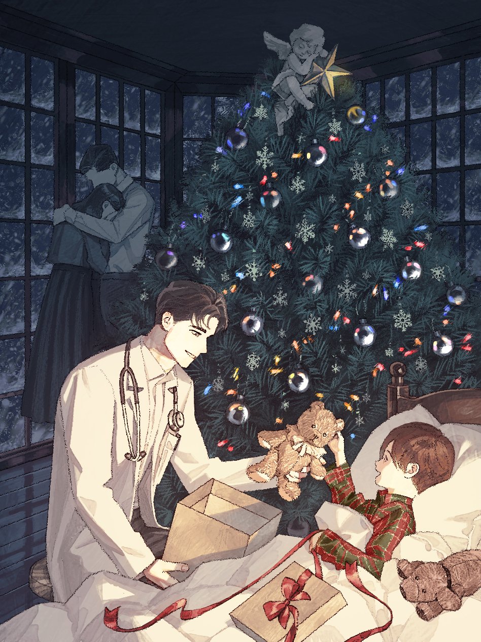 1girl 3boys bed black_eyes box brown_hair cherub child christmas christmas_ornaments christmas_present christmas_star christmas_tree coat doctor gift gift_box green_shirt hand_up highres holding holding_stuffed_toy hug husband_and_wife indoors jaddddan long_sleeves looking_at_another lying male_focus multiple_boys on_back open_mouth original pillow plaid plaid_shirt red_ribbon red_shirt ribbon shirt short_hair sick sitting smile snowing stethoscope stuffed_animal stuffed_dog stuffed_toy teddy_bear under_covers very_short_hair white_coat