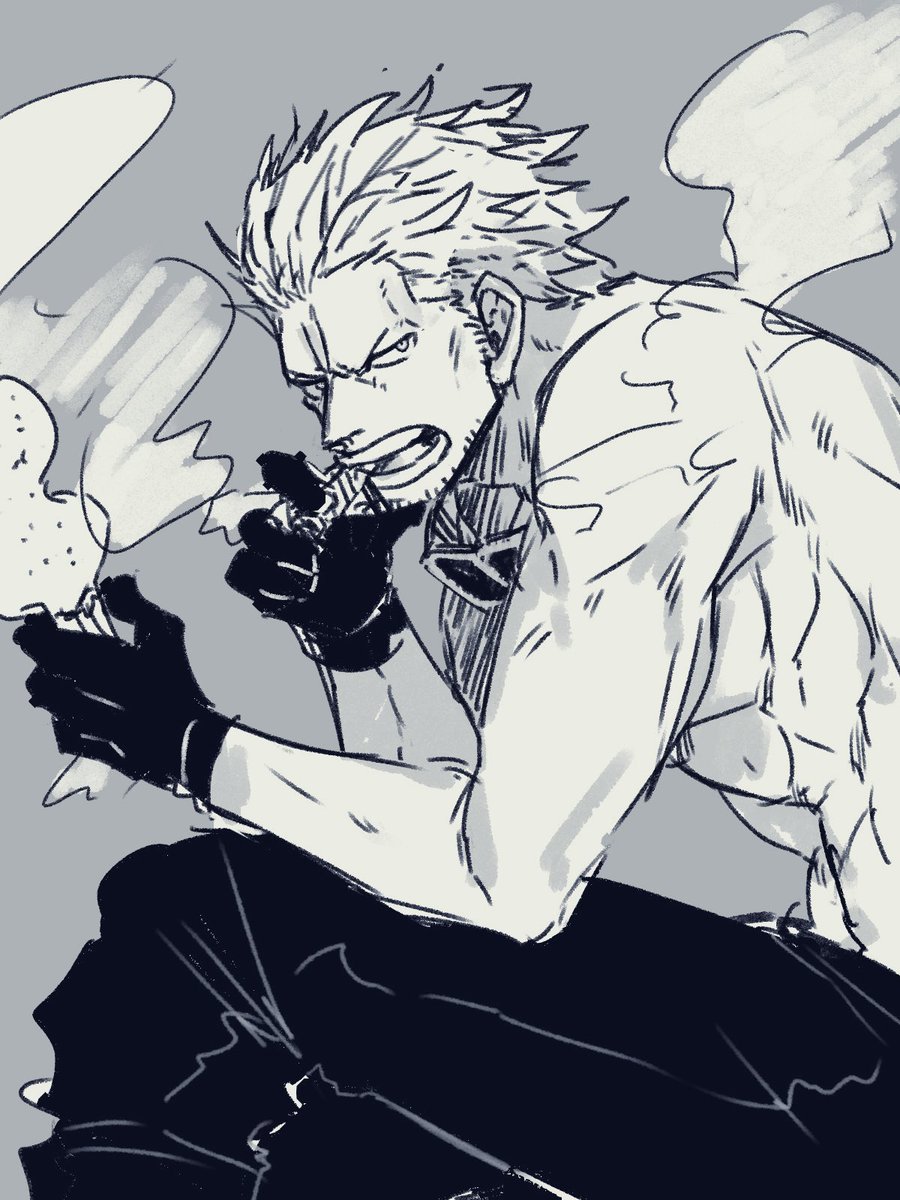 1boy archived_source bad_id bad_twitter_id beard_stubble cigar commentary_request gloves goggles greyscale highres looking_at_viewer male_focus monochrome namagomi_(op_laaaaw_tan) one_piece pants profile short_hair simple_background sitting smoke smoker_(one_piece) solo torso