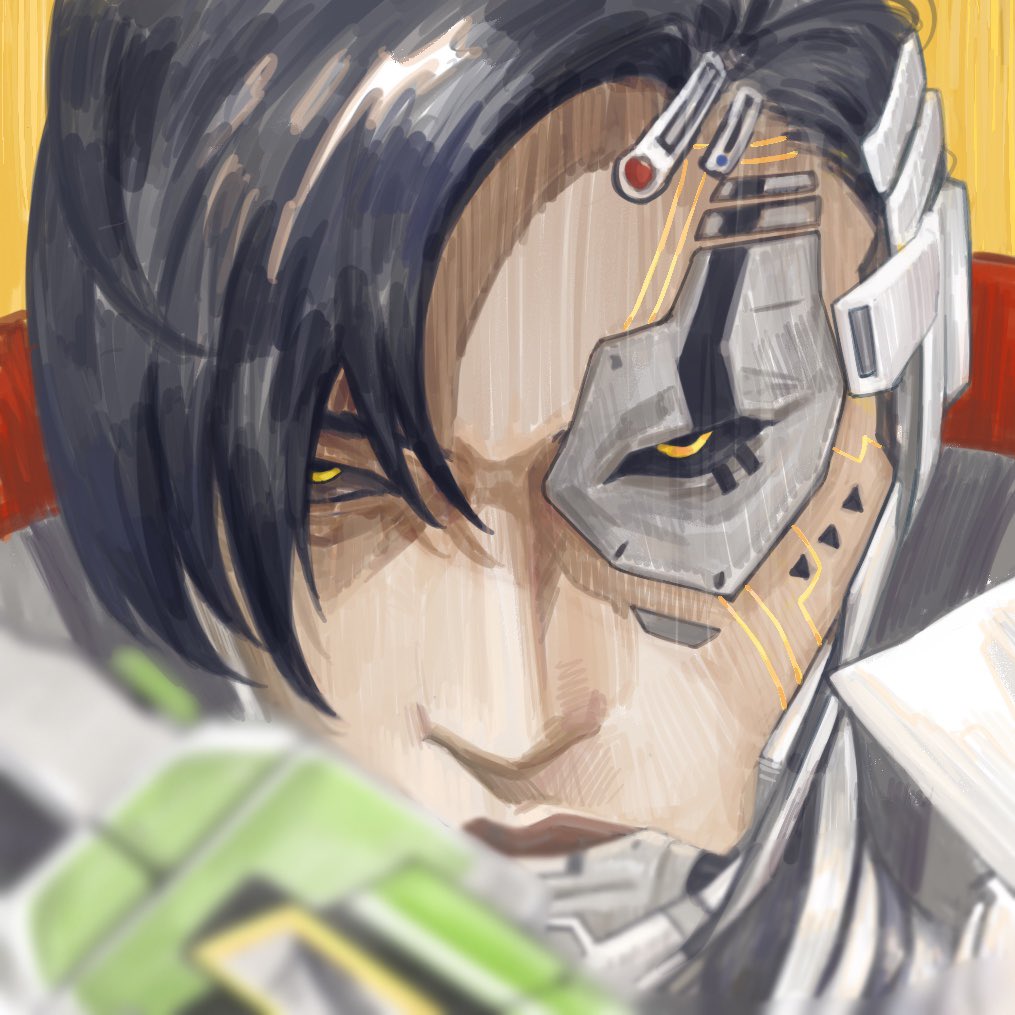 1boy biwon_blade black_hair black_sclera close-up colored_sclera crypto_(apex_legends) cyborg frown grey_jacket jacket looking_at_viewer male_focus metcha_(amonka3) official_alternate_costume orange_eyes portrait science_fiction solo sword weapon whitelisted_crypto