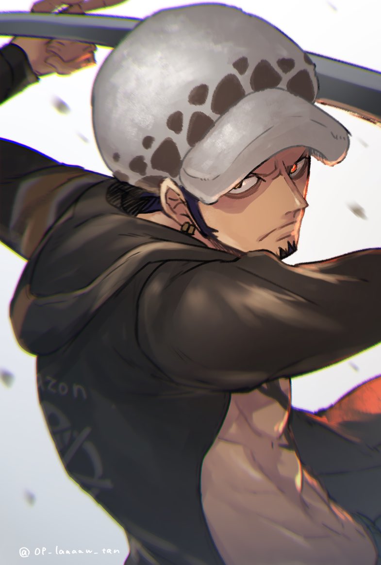 1boy archived_source bad_id bad_twitter_id black_coat coat earrings facial_hair goatee hat holding holding_sword holding_weapon jewelry looking_at_viewer male_focus namagomi_(op_laaaaw_tan) one_piece sideburns simple_background solo sword trafalgar_law upper_body weapon