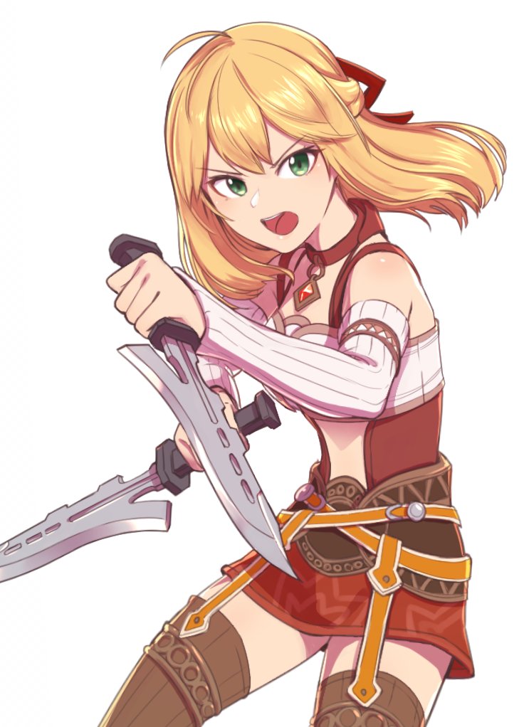 1girl black_thighhighs blonde_hair choker detached_sleeves fiora_(xenoblade) green_eyes hair_ribbon holding holding_weapon knife long_hair looking_at_viewer midriff open_mouth ribbon seigetsu_kotaku simple_background skirt solo thigh-highs weapon white_background xenoblade_chronicles_(series) xenoblade_chronicles_1