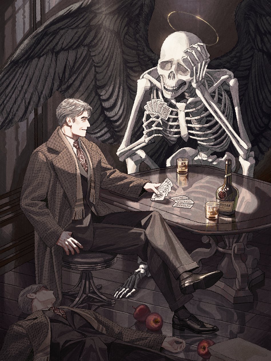 3boys alcohol angel_wings apple black_wings brown_background brown_coat brown_necktie brown_pants brown_scarf brown_vest card closed_eyes closed_mouth coat collared_coat collared_shirt cup death death_(entity) facing_to_the_side feathered_wings food fruit full_body grey_hair halo highres holding holding_card indoors jaddddan light_smile long_sleeves male_focus mature_male multiple_boys necktie old old_man original oxfords pants playing_card scarf shirt sitting skeleton stool table undead vest wings wooden_floor