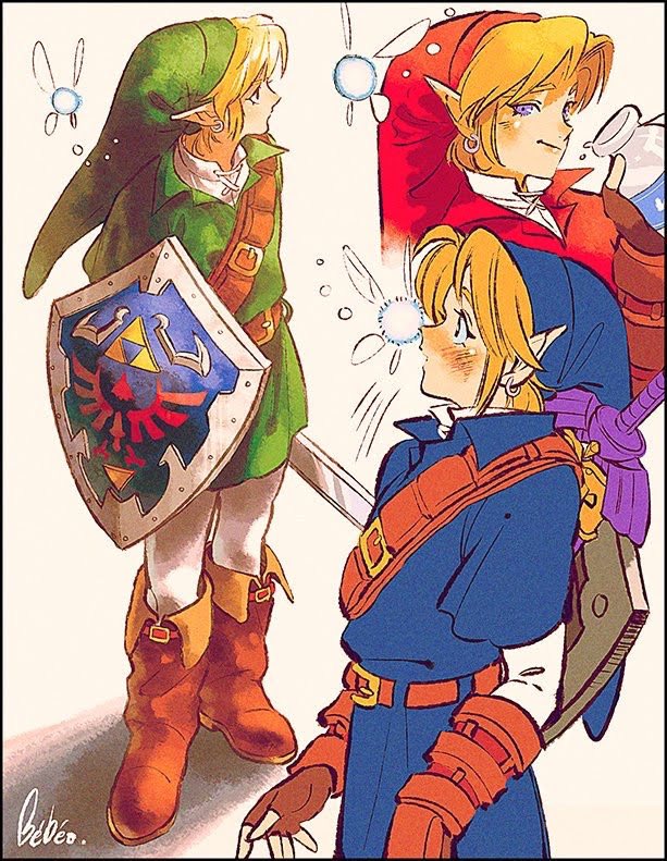 1boy black_border blonde_hair blue_eyes blue_tunic boots border bottle brown_footwear brown_gloves commentary_request earrings eyelashes fairy fingerless_gloves floating full_body gloves green_headwear green_tunic holding holding_bottle holding_sword holding_weapon hylian_shield jewelry kwsby_124 link male_focus master_sword multiple_views navi official_alternate_costume red_tunic shadow shield shield_on_back short_hair standing sword sword_on_back the_legend_of_zelda the_legend_of_zelda:_ocarina_of_time weapon weapon_on_back white_background