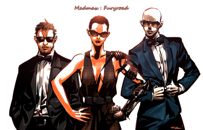 1girl 2boys archived_source bad_id bad_tumblr_id bald beard_stubble belt black_jacket dress hands_on_own_hips imperator_furiosa jacket kotteri looking_at_viewer mad_max mad_max:_fury_road max_rockatansky multiple_boys neck_ribbon nux_(mad_max) ribbon shirt short_hair simple_background suit sunglasses watch watch white_background white_shirt