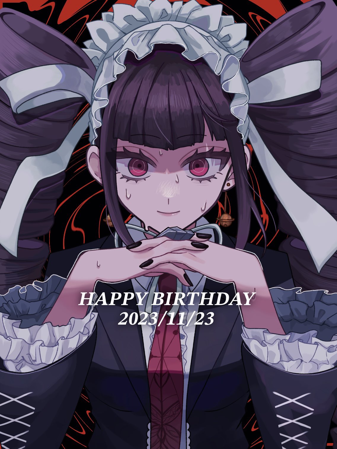 1girl birthday black_background black_nails blunt_bangs breasts celestia_ludenberg danganronpa:_trigger_happy_havoc danganronpa_(series) dated drill_hair earrings frilled_jacket frills happy_birthday highres interlocked_fingers jacket jewelry large_breasts long_hair long_sleeves michi_(michiisidayo) necktie open_clothes open_jacket own_hands_together red_background red_eyes red_necktie solo sweat twin_drills twintails