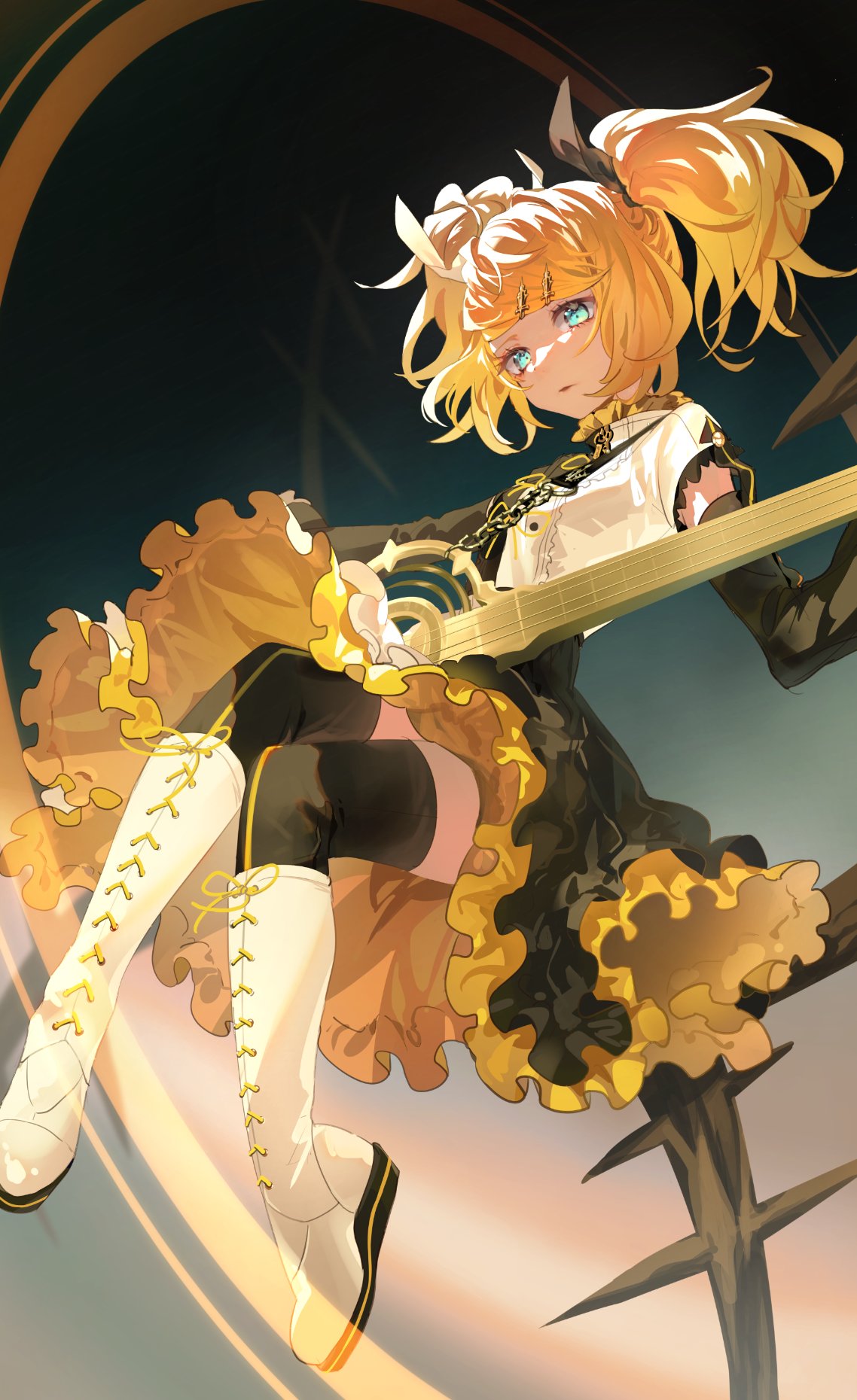 1girl alternate_hairstyle aqua_eyes asahi_yuuji bass_guitar black_dress black_thighhighs blonde_hair boots bow cross-laced_footwear detached_sleeves dress floating floating_hair frilled_dress frills guitar hair_bow hair_ornament hair_ribbon hairclip highres instrument kagamine_rin kagamine_rin_(roshin_yuukai/hard_rkmix) lace-up_boots music official_alternate_hairstyle parted_lips playing_instrument reactor_(module) ribbon shirt_over_dress short_sleeves short_twintails solo swept_bangs thigh-highs thigh_boots twintails two-tone_shirt vocaloid white_footwear zettai_ryouiki