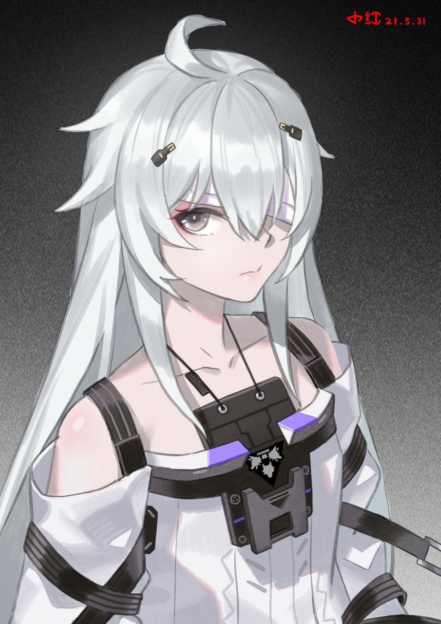 1girl ahoge angry bandage_over_one_eye closed_mouth dated detached_sleeves dress grey_dress grey_eyes grey_hair grey_sleeves hair_between_eyes highres long_hair long_sleeves looking_at_viewer no.21:_xxi_(punishing:_gray_raven) no.21_(punishing:_gray_raven) pale_skin punishing:_gray_raven shui_qian_he_kafei sidelocks