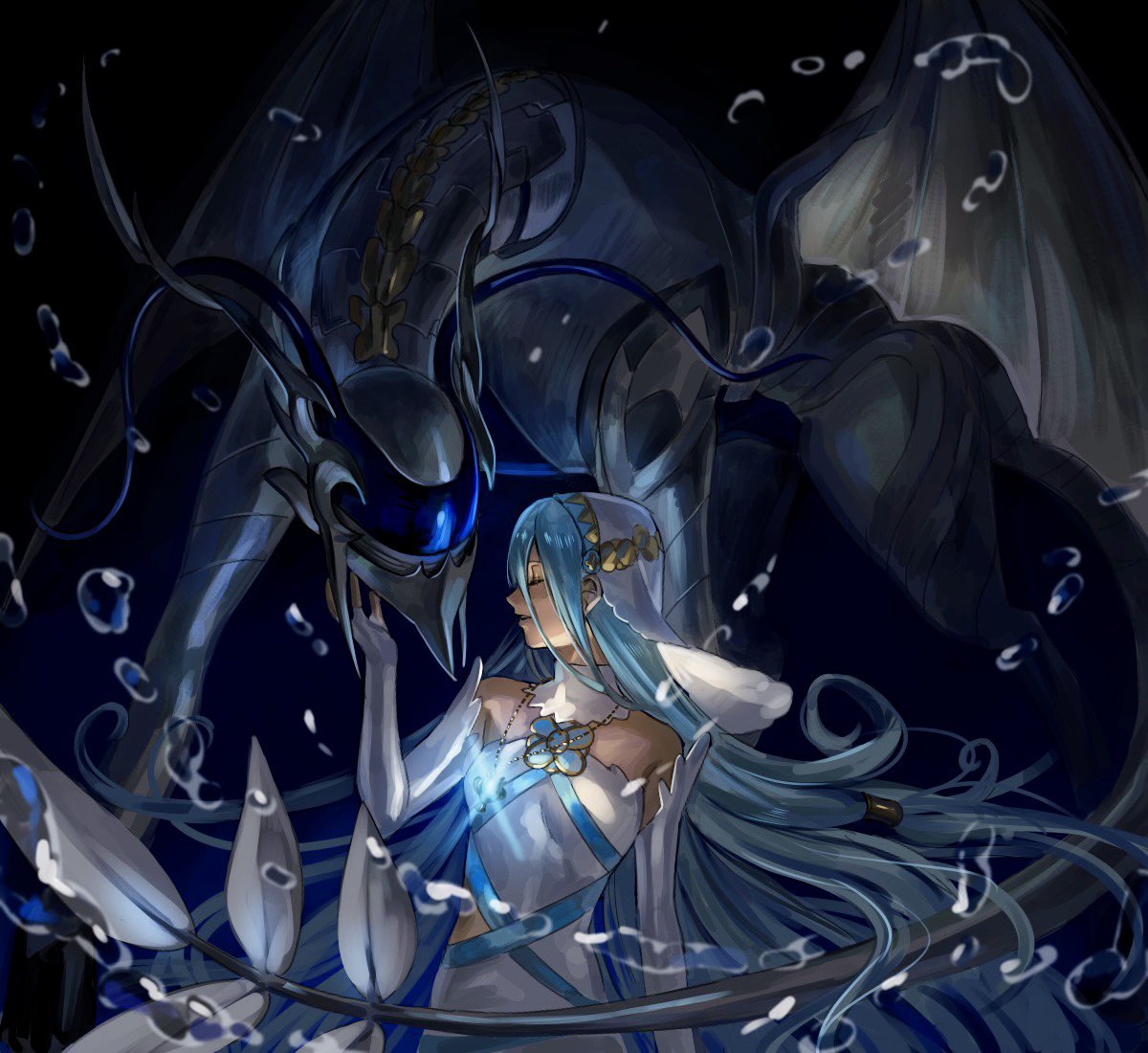1girl 1other abinosu0903 all_fours azura_(fire_emblem) blue_hair closed_eyes corrin_(dragon)_(fire_emblem) corrin_(fire_emblem) dragon dress fire_emblem fire_emblem_fates hand_on_another's_chin jewelry long_hair pendant very_long_hair water water_drop white_dress wings