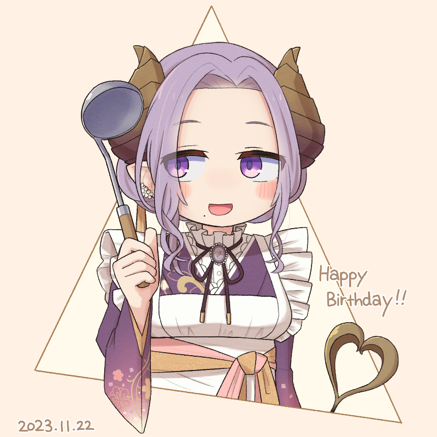 1girl apron black_ribbon blush breasts brown_background brown_horns commentary_request dated demon_girl demon_horns demon_tail ear_flower flower happy_birthday holding holding_ladle horns japanese_clothes kimono ladle long_hair looking_to_the_side medium_breasts mole mole_under_mouth nanashi_inc. neck_ribbon open_mouth pointy_ears purple_brooch purple_hair purple_kimono ribbon saionji_mary smile smith.s solo tail triangle upper_body violet_eyes virtual_youtuber white_apron white_flower