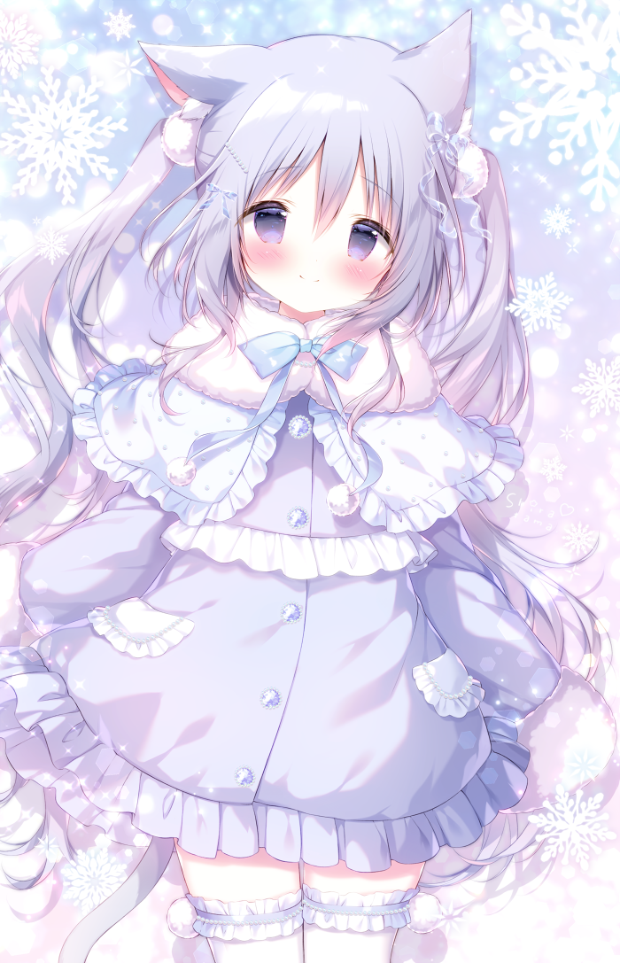 1girl animal_ear_fluff animal_ears blue_bow blush bow closed_mouth coat_dress commentary_request dress frilled_dress frills fur_trim hair_between_eyes hair_ornament hairclip long_hair long_sleeves looking_at_viewer original purple_dress purple_hair shiratama_(shiratamaco) solo thigh-highs twintails very_long_hair violet_eyes white_thighhighs winter_clothes zettai_ryouiki