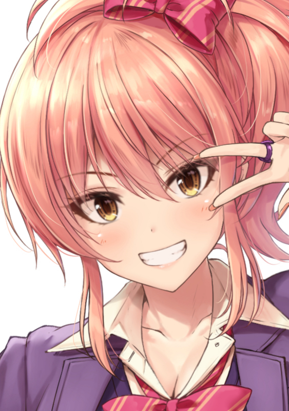 1girl bow bowtie brown_hair collarbone grin hair_between_eyes hair_bow idolmaster idolmaster_cinderella_girls jacket jewelry jougasaki_mika long_hair looking_at_viewer open_clothes open_jacket ponytail portrait purple_jacket red_bow red_bowtie ring simple_background sketch smile solo striped striped_bow striped_bowtie suien v_over_eye white_background yellow_eyes