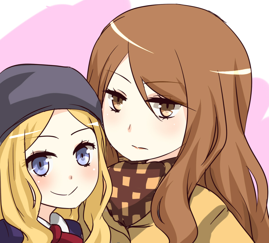 2girls age_difference beret black_headwear blonde_hair blue_eyes blue_shirt brown_coat brown_eyes brown_hair brown_jacket brown_scarf closed_mouth coat commentary_request expressionless frenda_seivelun hair_between_eyes hat height_difference i.u.y jacket light_blush long_hair looking_at_viewer mugino_shizuri multiple_girls neck_ribbon pink_background plaid plaid_scarf portrait ribbon scarf school_uniform shirt smile toaru_majutsu_no_index toaru_majutsu_no_index:_old_testament wavy_hair
