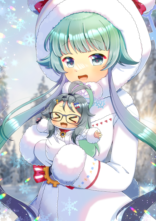 &gt;_&lt; 2girls :d blue_archive blue_eyes blue_sky blurry blurry_background blush bow closed_eyes coat commentary_request day depth_of_field english_commentary fur-trimmed_coat fur-trimmed_hood fur-trimmed_sleeves fur_trim gloves green_hair grey_hair hood hood_up hooded_coat kou_hiyoyo long_hair long_sleeves looking_at_viewer meru_(blue_archive) mini_person minigirl mixed-language_commentary momiji_(blue_archive) multicolored_hair multiple_girls outdoors red_bow red_sweater sky smile snowflakes sweater tree two-tone_hair very_long_hair white_coat white_gloves xd