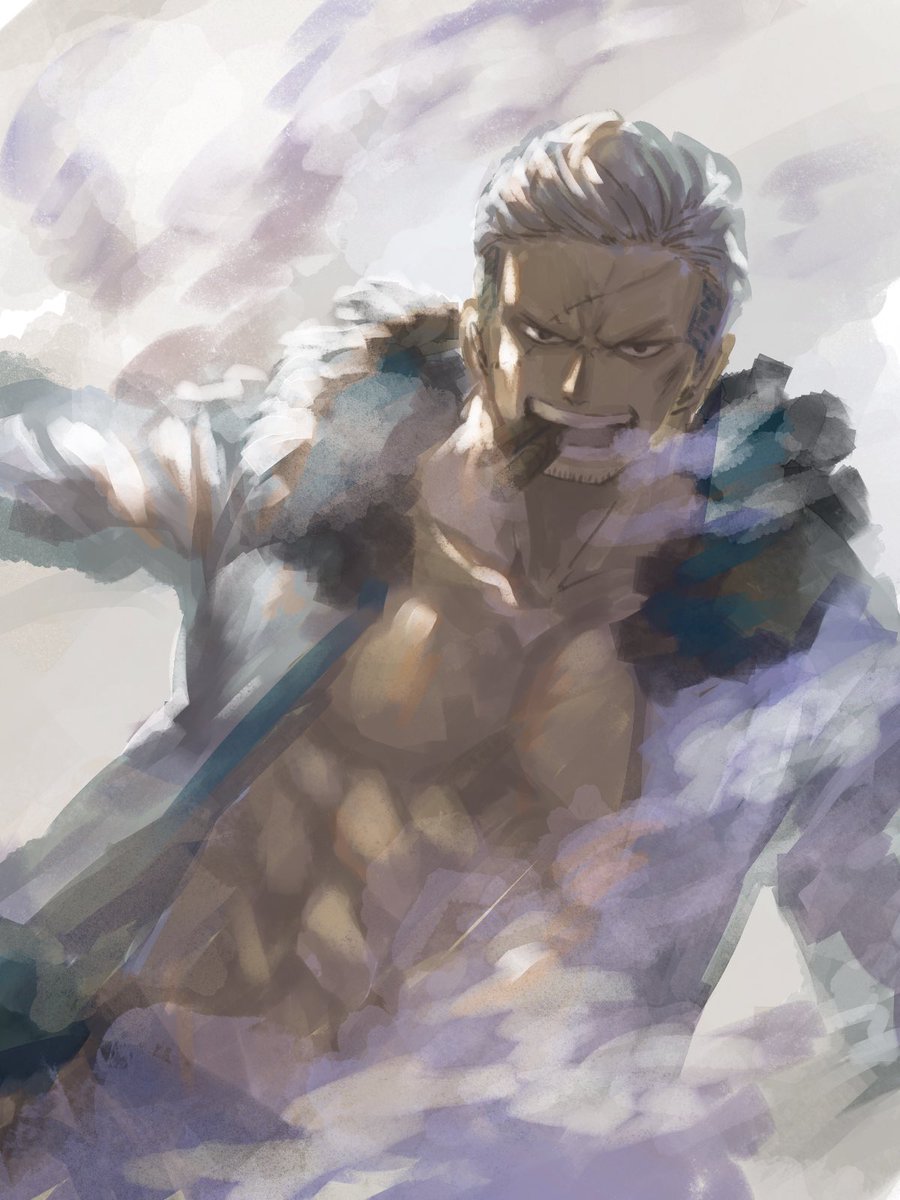 1boy archived_source bad_id bad_twitter_id beard_stubble cigar coat commentary_request fur_collar highres looking_at_viewer male_focus namagomi_(op_laaaaw_tan) one_piece pants scar scar_on_face short_hair simple_background smoke smoker_(one_piece) torso upper_body white_coat white_hair