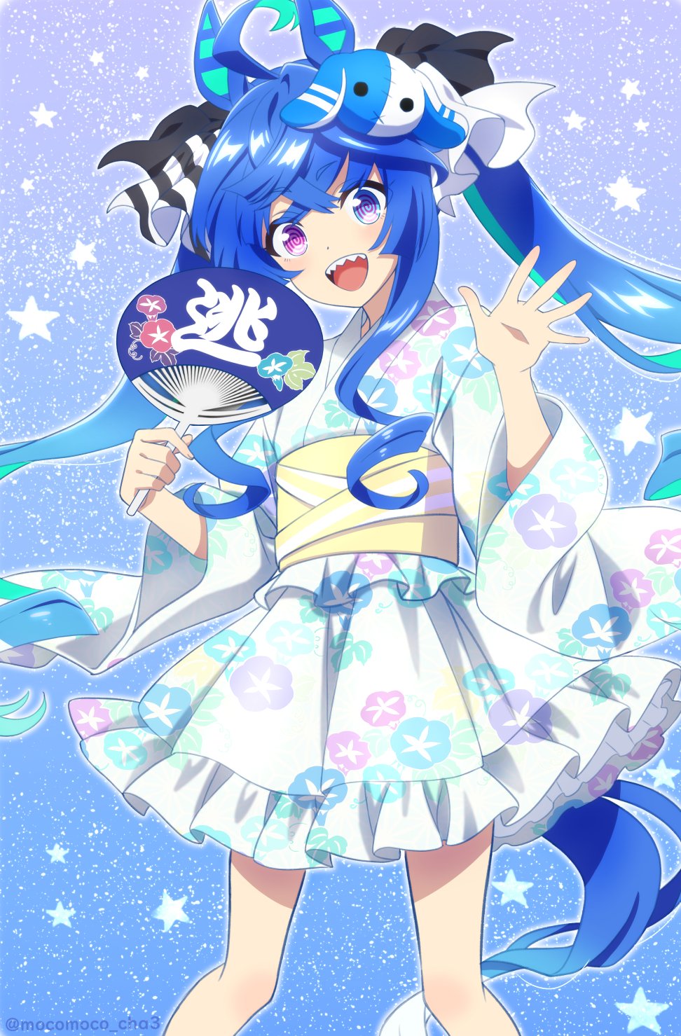 1girl :d @_@ ahoge animal_ears aqua_hair blue_eyes blue_hair bow commentary_request crossed_bangs feet_out_of_frame floral_print floral_print_kimono frilled_kimono frills hair_bow hair_ornament hand_fan hand_up heterochromia highres holding holding_fan horse_ears horse_girl horse_tail japanese_clothes kimono long_hair looking_at_viewer multicolored_hair obi open_hand open_mouth paper_fan sash sharp_teeth sidelocks smile solo starry_background striped striped_bow stuffed_animal stuffed_rabbit stuffed_toy tail teeth tsuji_tomoko twin_turbo_(umamusume) twintails twitter_username two-tone_hair uchiwa umamusume upper_teeth_only violet_eyes white_kimono yellow_sash yukata