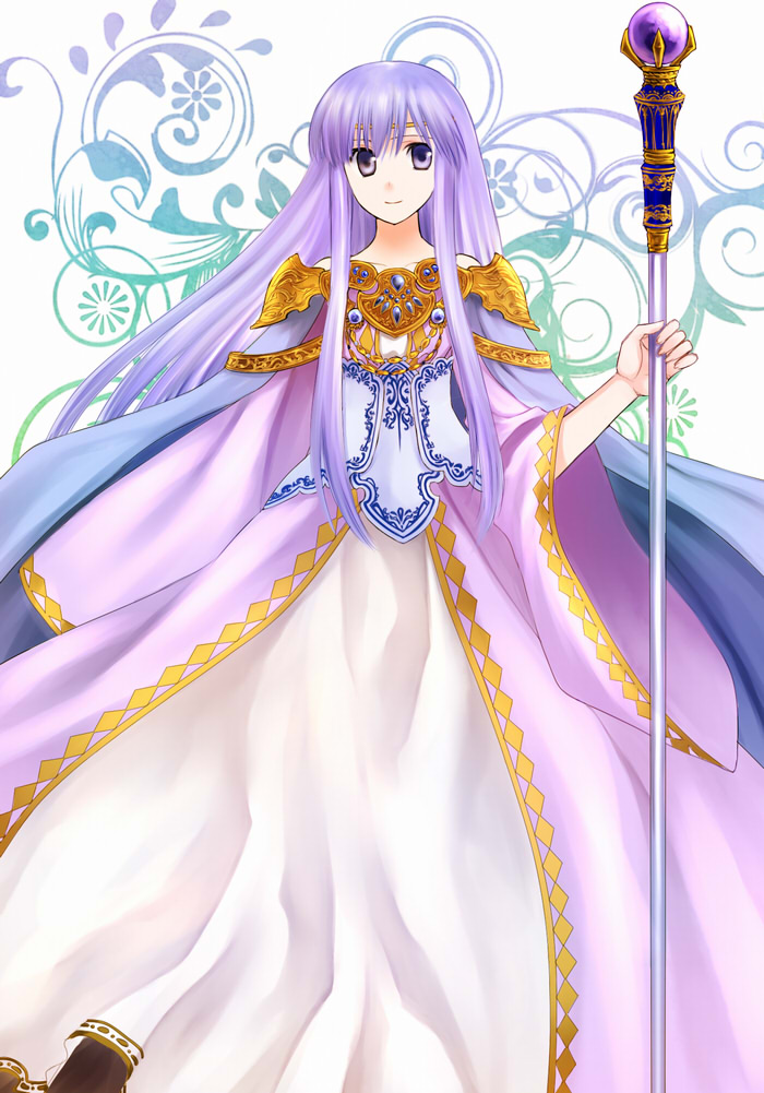 1girl 74 cape circlet dress fire_emblem fire_emblem:_genealogy_of_the_holy_war holding holding_staff jewelry julia_(fire_emblem) long_hair long_sleeves purple_cape purple_hair simple_background smile solo staff violet_eyes