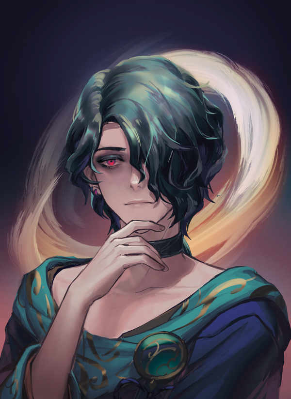 1boy black_hair closed_mouth collarbone duetrofl earrings english_commentary fingernails gradient_background hair_over_one_eye hand_on_own_chin hwei_(league_of_legends) jewelry league_of_legends long_hair looking_ahead male_focus ponytail red_eyes simple_background solo swept_bangs upper_body