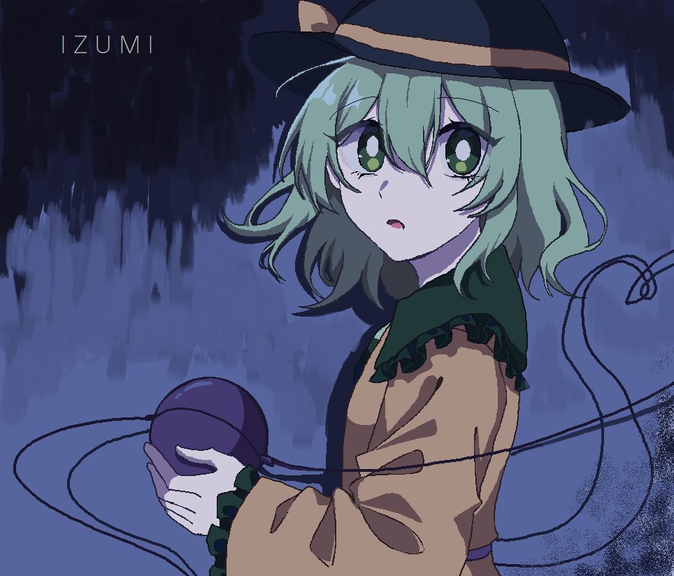 1girl artist_name black_headwear bright_pupils commentary english_commentary green_eyes green_hair hair_between_eyes hat hat_ribbon heart heart_of_string izumi_481 komeiji_koishi long_sleeves looking_at_viewer open_mouth ribbon short_hair solo third_eye touhou upper_body white_pupils yellow_ribbon
