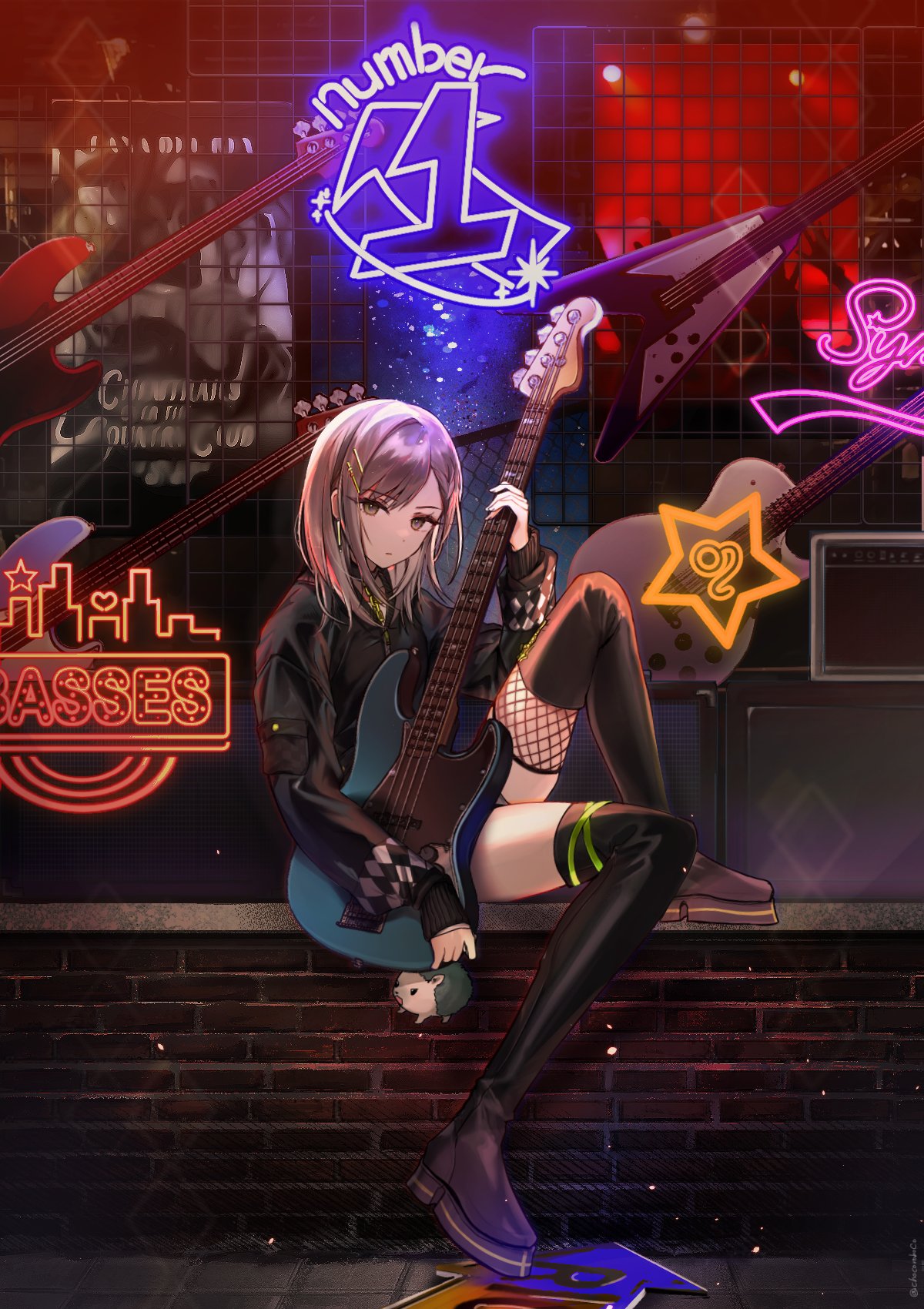 1girl amplifier asymmetrical_footwear bass_guitar black_jacket boots brick_wall chocoroboco colorful_festival_(project_sekai) earrings english_commentary english_text expressionless fender_precision_bass fishnet_footwear grey_eyes guitar hair_ornament hairclip hedgehog highres hinomori_shiho holding holding_guitar holding_instrument instrument instrument_request jacket jewelry led light_particles looking_at_viewer medium_hair project_sekai sitting sitting_on_wall sleeves_past_wrists solo stuffed_animal stuffed_toy thigh_boots