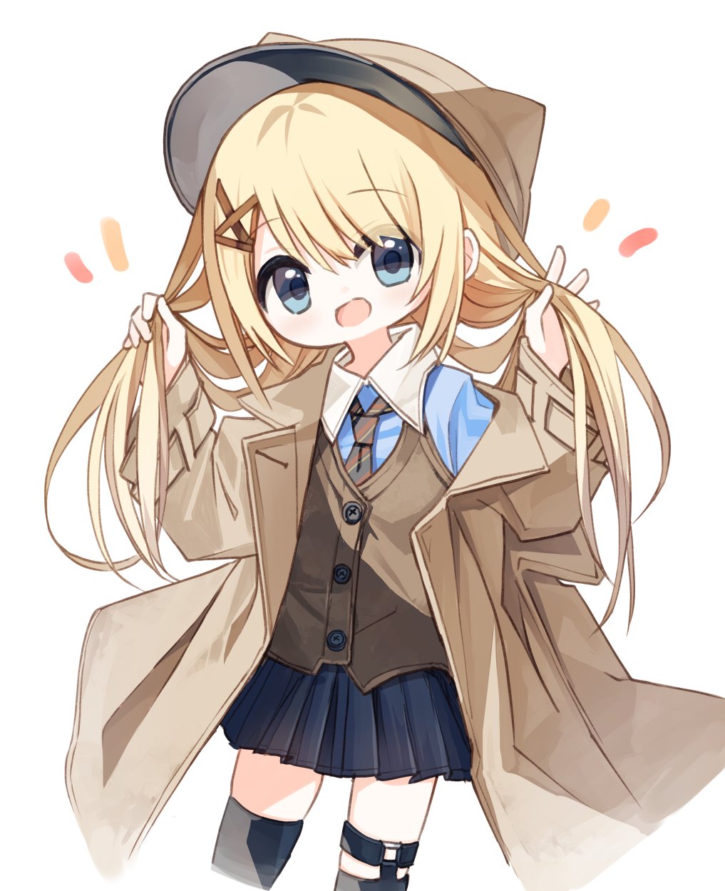 1girl animal_ears animal_hat black_skirt black_thighhighs blonde_hair blue_eyes blue_shirt brown_headwear brown_jacket brown_vest cabbie_hat collared_shirt commentary_request cropped_legs diagonal-striped_necktie fake_animal_ears hair_between_eyes hair_ornament hairclip hands_up hat highres jacket long_hair long_sleeves looking_at_viewer necktie notice_lines open_clothes open_jacket original pleated_skirt shirt simple_background skirt sleeves_past_wrists solo thigh-highs very_long_hair vest white_background wide_sleeves x_hair_ornament yuuhagi_(amaretto-no-natsu)
