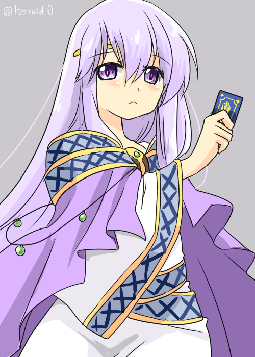 1girl cape card circlet dress fire_emblem fire_emblem:_genealogy_of_the_holy_war holding holding_card jewelry julia_(fire_emblem) long_sleeves purple_cape purple_hair sash simple_background solo violet_eyes yukia_(firstaid0)