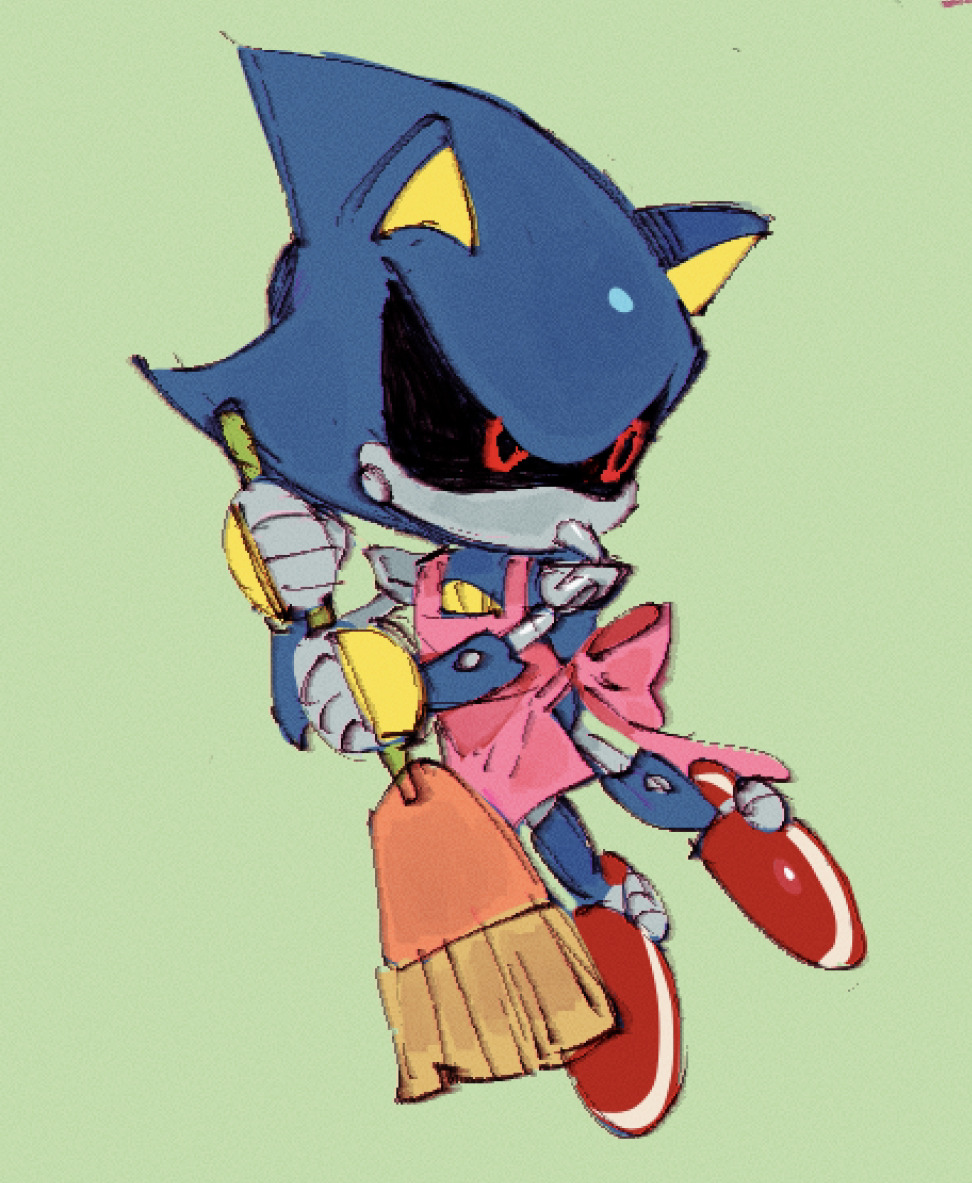 1boy 9474s0ul animal_ears apron broom commentary english_commentary full_body green_background holding holding_broom male_focus metal_sonic pink_apron red_eyes robot simple_background solo sonic_(series)