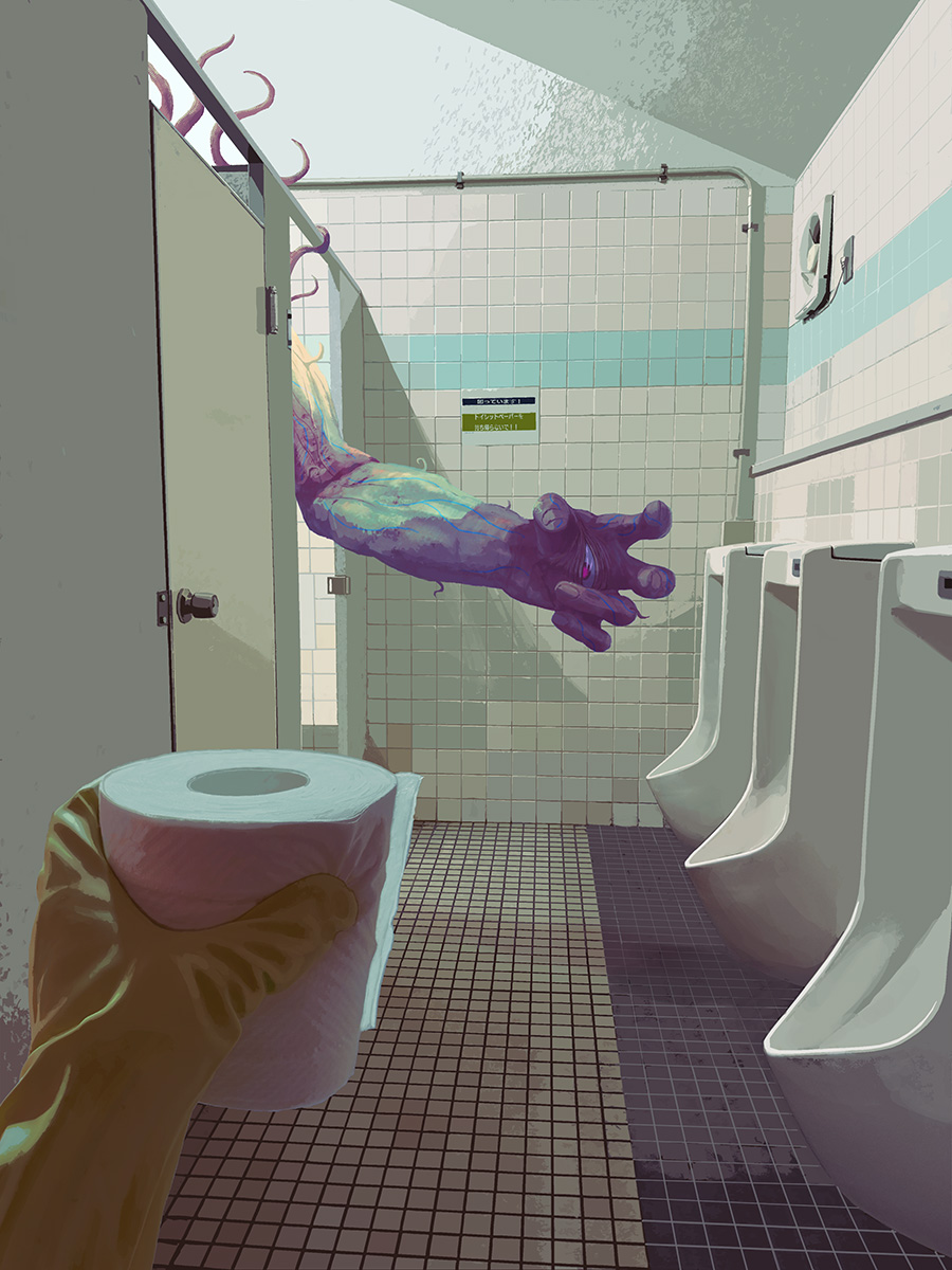 2others bathroom colored_skin gloves highres indoors monster multiple_others original purple_skin tile_floor tile_wall tiles toilet toilet_stall toy(e) yellow_gloves