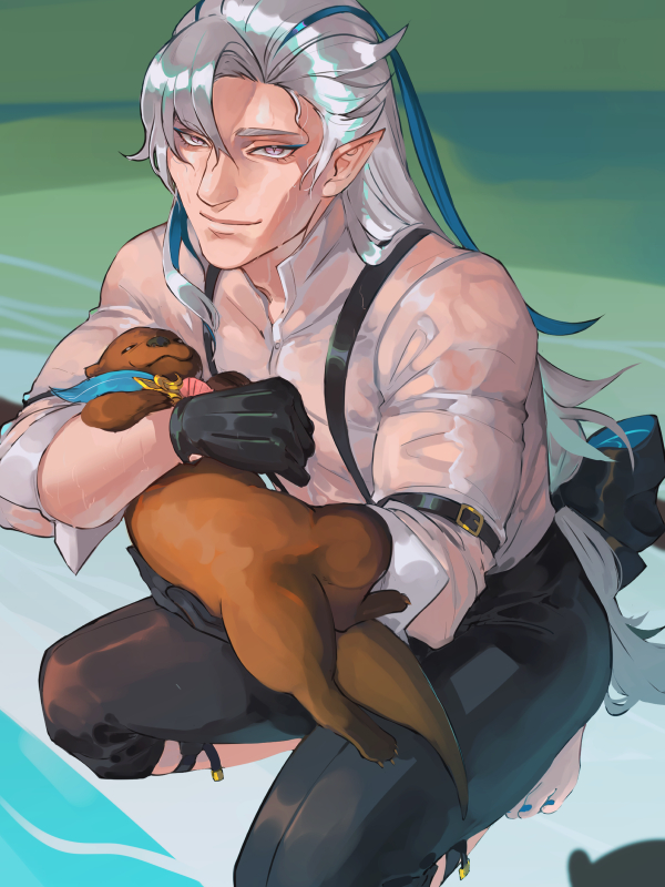 1boy animal arm_belt barefoot black_gloves black_pants blue_hair blue_nails carrying closed_mouth collared_shirt genshin_impact gloves grey_hair hair_between_eyes lips long_hair looking_at_viewer low-tied_long_hair male_focus mature_male multicolored_hair nail_polish neuvillette_(genshin_impact) no_coat otter pants pointy_ears shirt slit_pupils smile squatting surfacage suspenders toenails two-tone_hair very_long_hair violet_eyes water wet wet_clothes wet_face wet_hair wet_shirt white_shirt