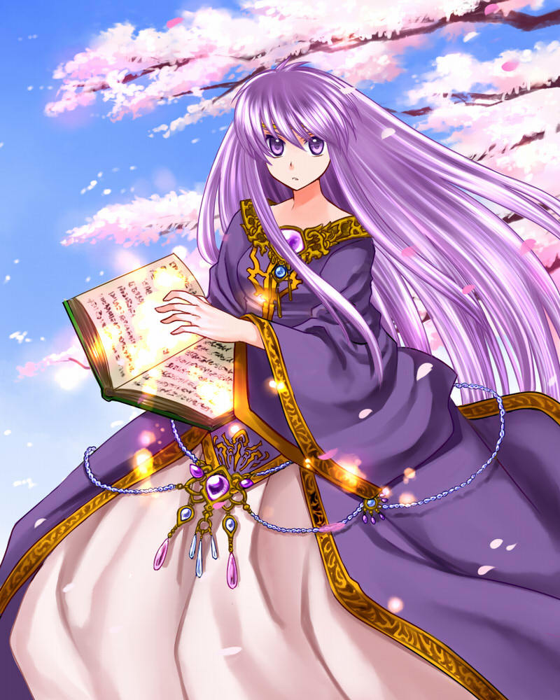 1girl 74 alternate_costume book cape casting_spell cherry_blossoms circlet dress fire_emblem fire_emblem:_genealogy_of_the_holy_war holding holding_book jewelry julia_(fire_emblem) long_hair long_sleeves purple_cape purple_hair sky solo violet_eyes