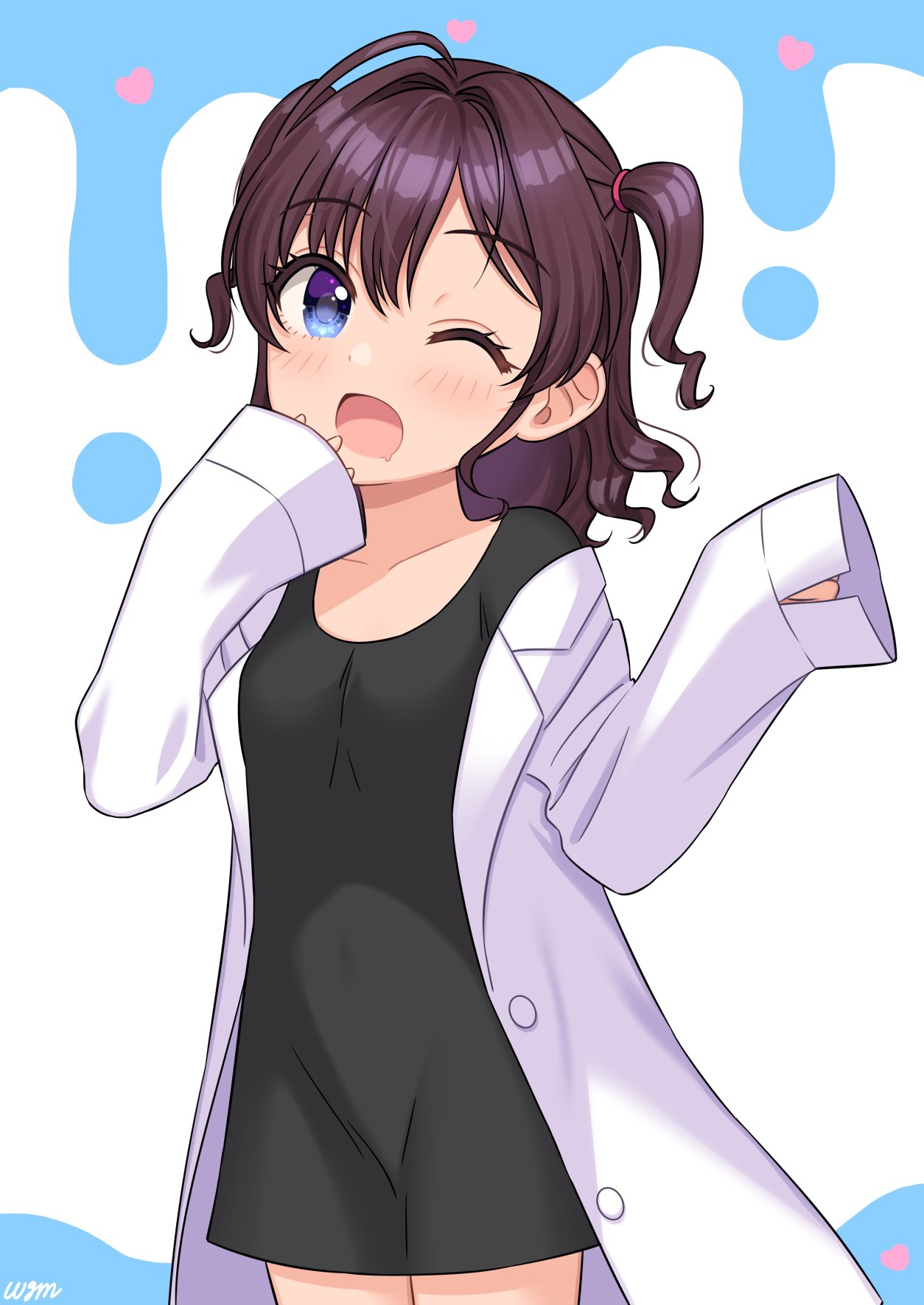 1girl aged_down ahoge black_dress blue_eyes brown_hair coat collarbone commentary dot_nose dress flat_chest hand_up heart highres ichinose_shiki idolmaster idolmaster_cinderella_girls lab_coat light_blush long_sleeves looking_at_viewer medium_hair open_mouth short_twintails simple_background solo twintails wavy_hair wgm_oekaki white_coat yawning