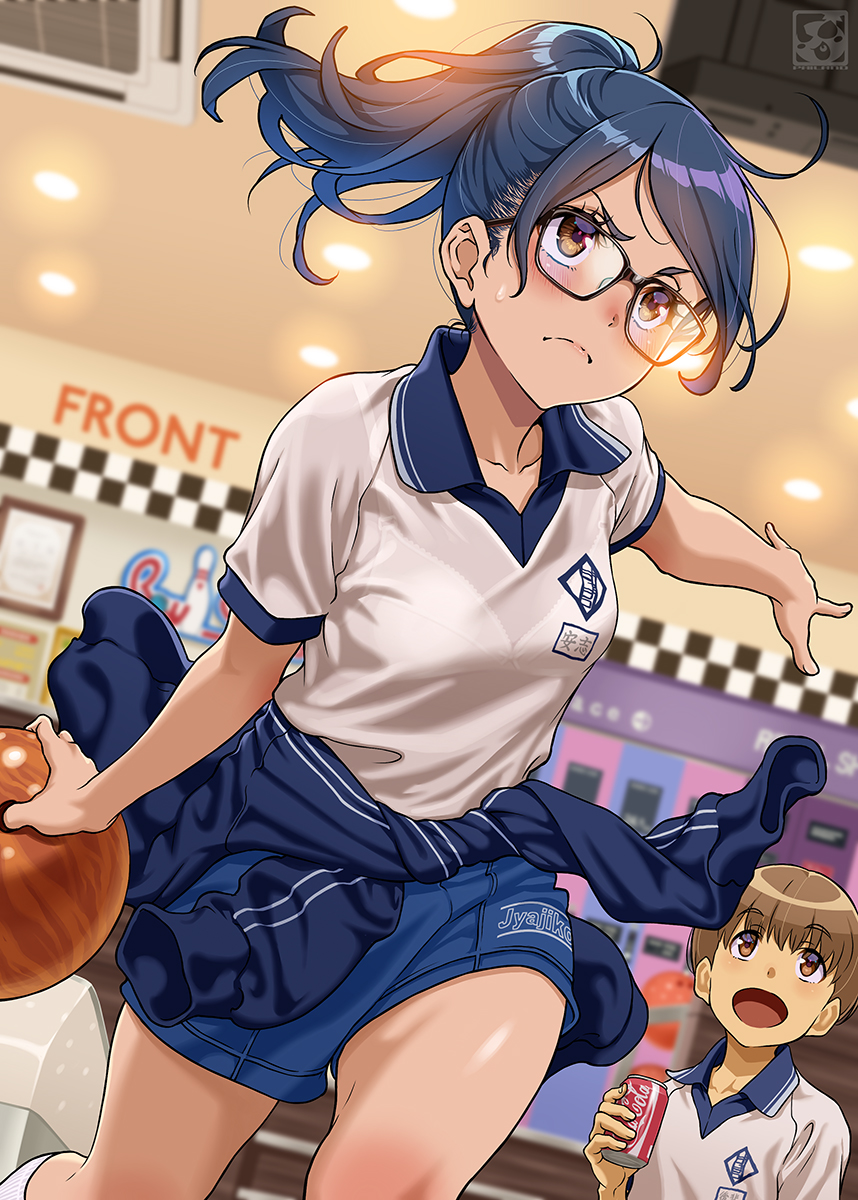 1boy 1girl ball blue_hair bowling_ball bra brown_hair can clothes_around_waist coca-cola collarbone glasses gym_uniform highres holding holding_can jacket jacket_around_waist long_hair looking_at_another open_mouth original pairan ponytail see-through see-through_shirt shirt short_shorts shorts socks soda_can sweatdrop track_jacket underwear yellow_eyes
