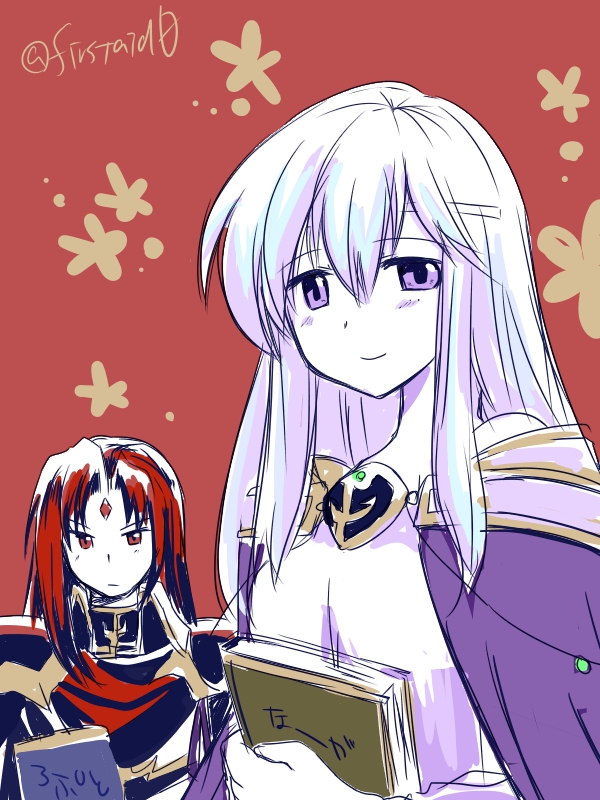 1boy 1girl book brother_and_sister circlet dress facial_mark fire_emblem fire_emblem:_genealogy_of_the_holy_war forehead_mark holding holding_book julia_(fire_emblem) julius_(fire_emblem) long_hair purple_hair red_eyes redhead siblings simple_background smile twins violet_eyes yukia_(firstaid0)