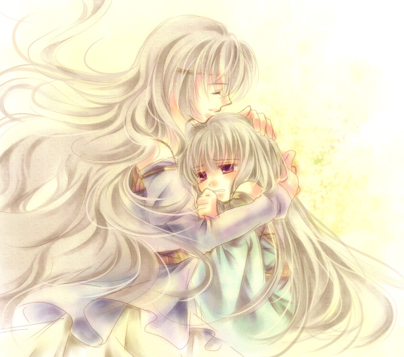 2girls circlet closed_eyes comforting deirdre_(fire_emblem) dress fire_emblem fire_emblem:_genealogy_of_the_holy_war grey_hair hand_on_another's_head hug julia_(fire_emblem) long_hair mio_(yumehikou) mother_and_daughter multiple_girls parent_and_child simple_background violet_eyes