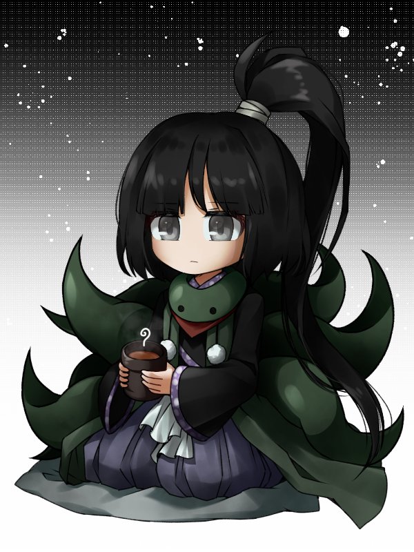 adagumo_no_yaorochi animal_scarf black_hair black_kimono blue_hakama closed_mouth commentary cup green_scarf grey_eyes hakama holding holding_cup japanese_clothes kimono len'en long_hair long_sleeves multiple_tails no_nose pom_pom_(clothes) ponytail scarf snake_tail solo symbol-only_commentary tail websci_3357