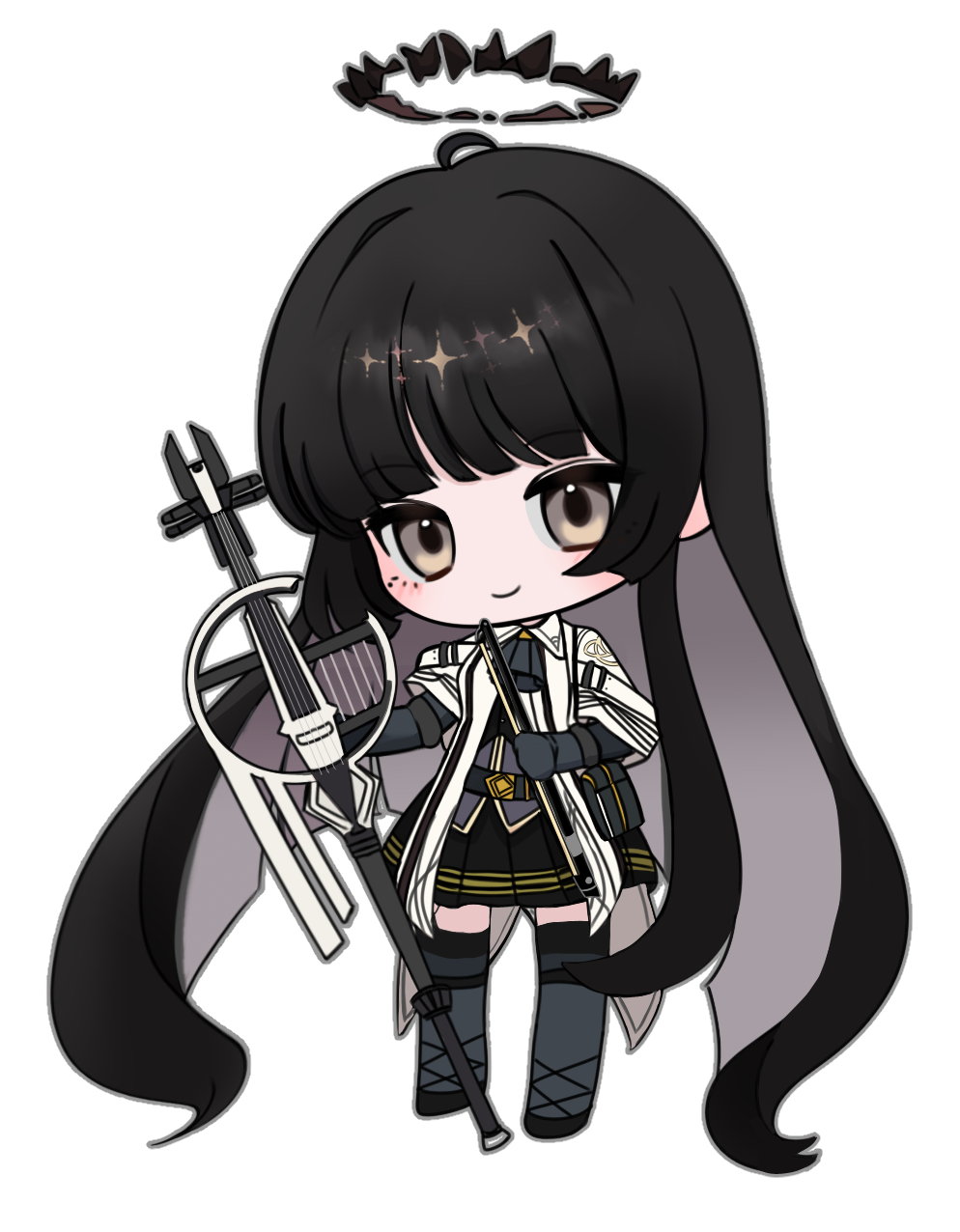 1girl absurdly_long_hair ahoge arknights ascot belt belt_buckle belt_pouch black_belt black_bustier black_footwear black_hair black_halo black_pouch black_skirt blunt_bangs blush bow_(music) broken_halo buckle bustier buttons cello chibi closed_mouth collared_jacket colored_inner_hair commentary dark_halo dress_shirt full_body gloves grey_ascot grey_eyes grey_gloves grey_hair grey_outline grey_shirt grey_thighhighs halo hands_up head_tilt highres hime_cut holding holding_bow_(music) holding_instrument holding_violin instrument invisible_floor jacket layered_sleeves long_hair long_sleeves looking_at_viewer miniskirt multicolored_hair myam_(ne0524) outline pale_skin pleated_skirt pouch shirt shoe_strap shoes short_over_long_sleeves short_sleeved_jacket short_sleeves sidelocks simple_background skirt smile solo sparkle standing thigh-highs two-tone_hair very_big_eyes very_long_hair violin virtuosa_(arknights) white_background white_belt white_jacket wide_sleeves wing_collar zettai_ryouiki