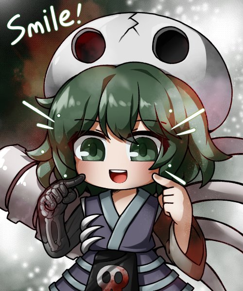1other androgynous commentary english_text fingers_to_cheeks green_eyes green_hair grey_sleeves japanese_clothes kimono kitsugai_sese len'en no_nose open_mouth other_focus purple_kimono short_hair single_sleeve skeletal_arm skull_on_head smile solo symbol-only_commentary teeth upper_body upper_teeth_only websci_3357