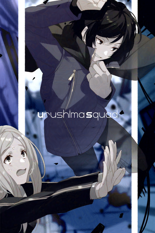 1boy 1girl adjusting_clothes blue_background blurry blurry_background cloak debris echo_(circa) jacket jumping limited_palette long_hair long_sleeves looking_at_another looking_up nervous outside_border outstretched_arms parted_hair purple_jacket reaching rokuta_rika short_hair sideways_glance smirk sweat transparent urushima_wataru world_trigger worried zipper