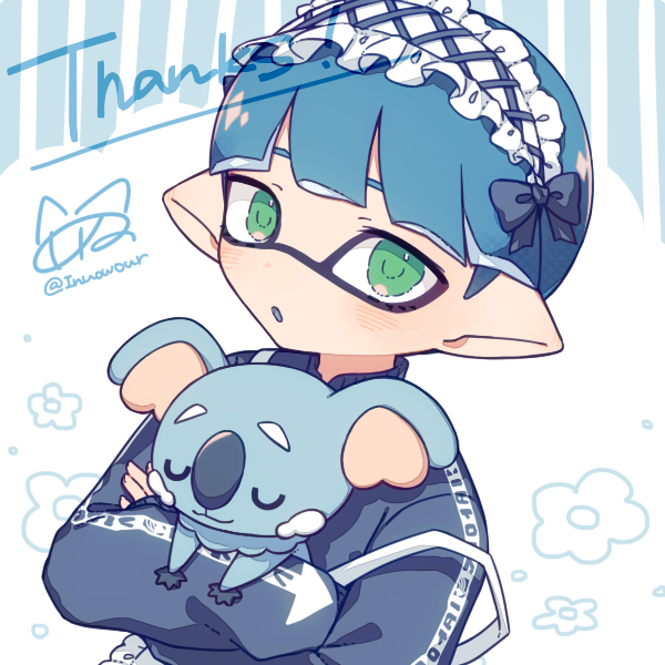 1boy :o blue_bow blue_hair blue_skin bow closed_eyes colored_skin commentary_request commission flower green_eyes holding holding_pokemon inkling inkling_boy inuowour komala maid_headdress male_focus pointy_ears pokemon pokemon_(creature) short_hair solo splatoon_(series) thank_you upper_body white_background