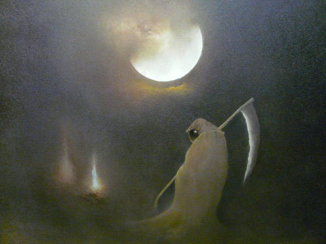 1other black_robe clouds cloudy_sky dark death_(entity) dreaming full_moon holding holding_scythe lamp light looking_at_viewer looking_back mitzoka2001 moon night night_sky original robe scythe shadow sky solo