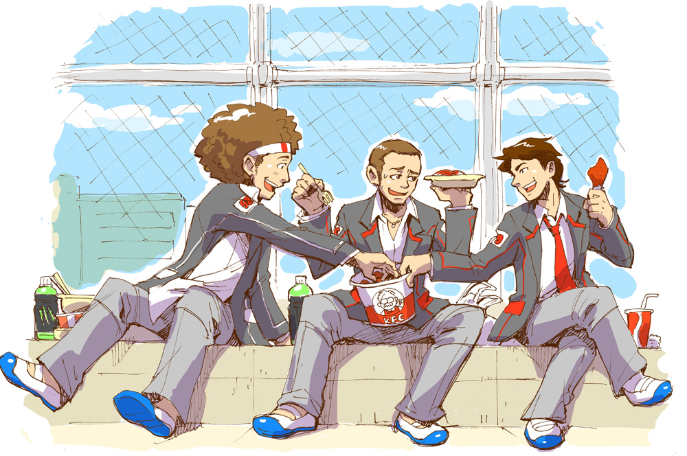 3boys afro animification bottle brown_eyes brown_hair bucket_of_chicken chain-link_fence clouds crossed_legs fence food fork fujiwara_ranka grey_jacket grey_pants hairband holding holding_food holding_fork holding_plate jacket jewelry kfc male_focus marco_simoncelli monster_energy moto_gp multiple_boys necklace necktie nicky_hayden on_rooftop pants plate real_life red_necktie school_uniform shadow shirt sitting sky smile valentino_rossi white_footwear white_hairband white_shirt