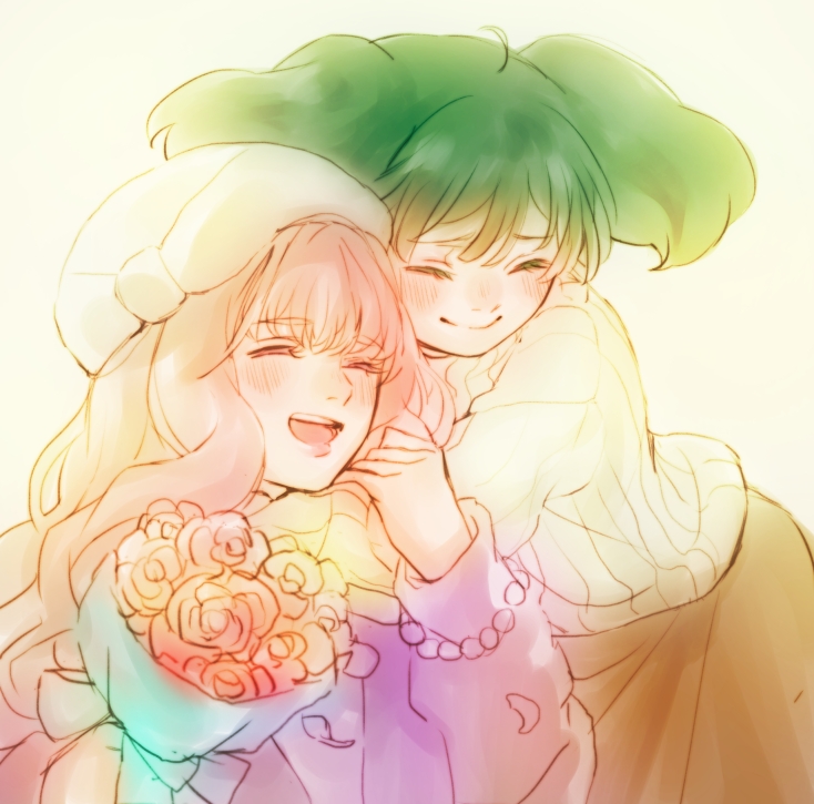2girls arms_around_neck birthday blunt_bangs blush bouquet brown_skirt closed_eyes closed_mouth commentary_request flower green_hair hand_on_another's_arm happy hat holding holding_bouquet hug kimidori_(kimidoriri) long_hair long_sleeves macross macross_frontier medium_hair multiple_girls open_mouth pink_hair ranka_lee ribbed_sweater sheryl_nome skirt smile sweater teeth upper_body upper_teeth_only wavy_hair white_headwear