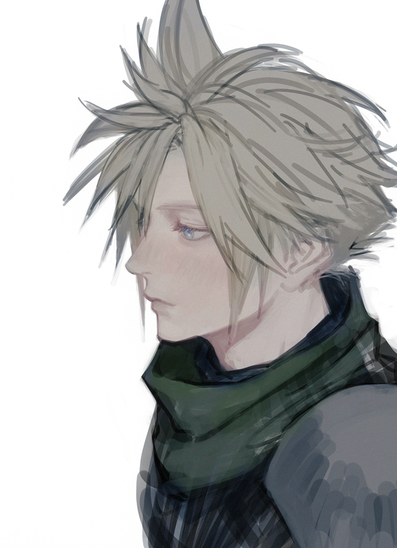 1boy 9ibem armor blonde_hair blue_eyes cloud_strife crisis_core_final_fantasy_vii expressionless facing_to_the_side final_fantasy final_fantasy_vii green_scarf looking_down male_focus pauldrons scarf shinra_infantry_uniform short_hair shoulder_armor simple_background solo spiky_hair upper_body white_background