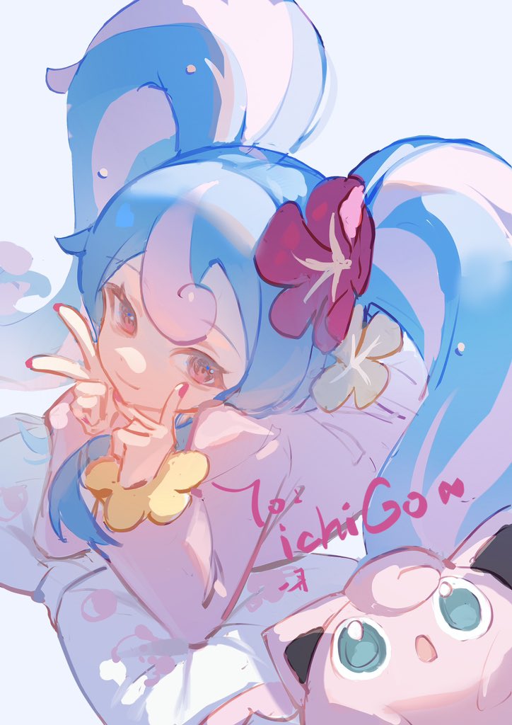 1girl blue_eyes blue_hair brown_eyes closed_mouth commission double_v eyelashes fairy_miku_(project_voltage) flower hair_flower hair_ornament hatsune_miku hibiscus jigglypuff long_hair long_sleeves looking_at_viewer lying multicolored_hair nail_polish on_stomach pillow pink_hair pink_nails pink_shirt pokemon pokemon_(creature) project_voltage puffy_long_sleeves puffy_sleeves red_flower sanyue_xun shirt smile streaked_hair twintails two-tone_hair upper_body v vocaloid white_background yellow_flower