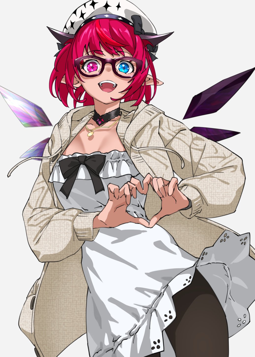 1girl :d beret bespectacled black_choker black_pantyhose blue_eyes choker commentary cross-shaped_pupils crystal_wings dress glasses grey_background hat heart heart_hands heterochromia highres hololive hololive_english hooded_cardigan horns irys_(casualrys)_(hololive) irys_(hololive) jewelry long_sleeves looking_at_viewer necklace official_alternate_costume official_alternate_hair_length official_alternate_hairstyle open_mouth pantyhose pink_hair pointy_ears short_hair smile solo symbol-shaped_pupils tanabe_(fueisei) teeth upper_teeth_only violet_eyes virtual_youtuber white_background white_dress white_headwear