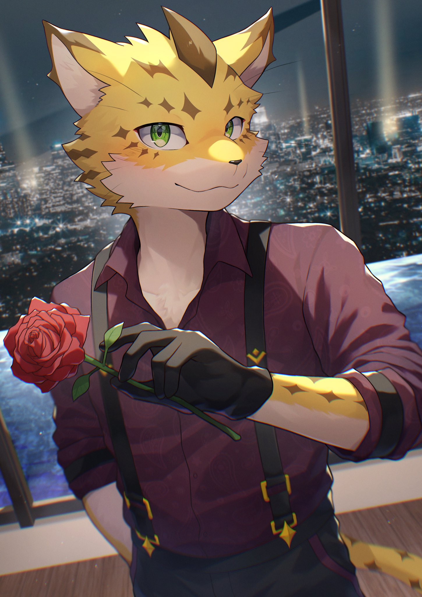 1boy black_gloves brown_fur city_lights cropped_legs flower furry furry_male gloves green_eyes highres holding holding_flower looking_at_viewer male_focus multicolored_fur night ose_(housamo) panther_boy panther_ears panther_tail ponzu_tas red_flower red_rose red_shirt rose shirt skyline solo suspenders tokyo_afterschool_summoners whiskers yellow_fur young_ose_(housamo)
