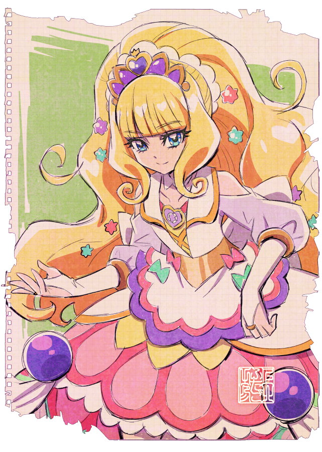 1girl artist_logo big_hair blonde_hair blue_eyes blush bridal_gauntlets brooch choker clothing_cutout cure_finale delicious_party_precure dress gloves heart heart_brooch jewelry kamikita_futago kasai_amane long_hair looking_at_viewer magical_girl medium_dress paper_background precure shoulder_cutout smile solo sparkle_hair_ornament stamp_mark tiara torn_paper white_choker white_gloves