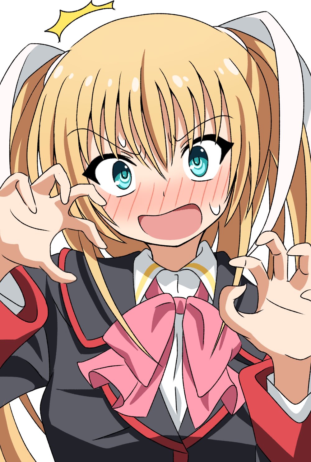 1girl ^^^ aqua_eyes black_jacket blonde_hair blush bow claw_pose close-up commentary embarrassed full-face_blush hair_between_eyes hair_ribbon hands_up highres jacket little_busters! little_busters!_school_uniform long_hair long_sleeves looking_at_viewer open_mouth pink_bow ribbon school_uniform sidelocks silky_(silky_illust) simple_background solo straight-on surprised sweatdrop tokido_saya two_side_up v-shaped_eyebrows white_background white_ribbon wide-eyed