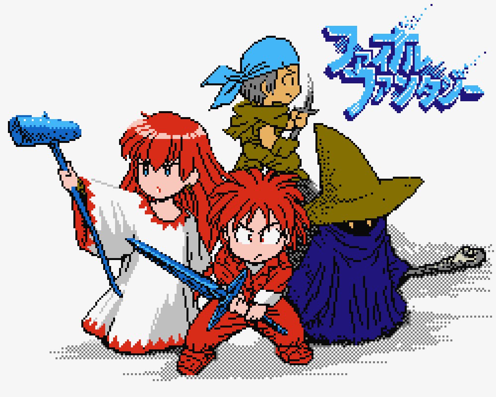 1girl 1other 2boys bandana black_mage black_mage_(fft) blue_bandana blue_robe copyright_name dithering fighter_(final_fantasy_i) final_fantasy final_fantasy_i glowing glowing_eyes hat holding holding_knife holding_sword holding_wand holding_weapon knife limited_palette long_hair looking_at_viewer multiple_boys no_nose pixel_art protonozawa redhead robe spiky_hair standing sword thief_(final_fantasy) wand weapon white_mage white_mage_(fft) white_robe witch_hat yellow_headwear