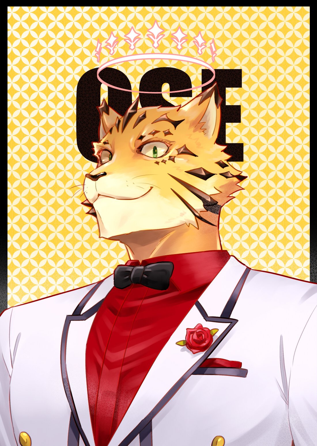 1boy black_bow black_bowtie bow bowtie brown_fur character_name flower furry furry_male green_eyes halo highres jacket looking_at_viewer male_focus multicolored_fur ose_(housamo) panther_boy panther_ears portrait red_flower red_rose red_shirt rose shirt solo sumi_wo_hakuneko tokyo_afterschool_summoners whiskers white_jacket yellow_fur